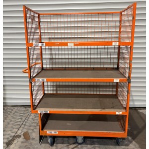 2 x Used Heavy Duty 6 Wheel Stock Shelf Trollies Orange